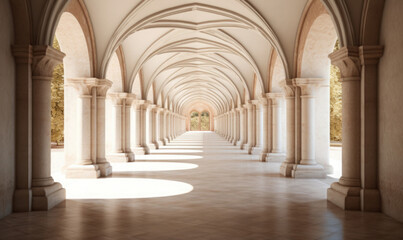 Naklejka premium Interior view of a large, arched hallway with a high ceiling and a series of pillars.