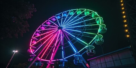 A vibrant color wheel spins in a dark space showcasing luminous pink electric blue and bright green hues reminiscent of 90s arcade games.