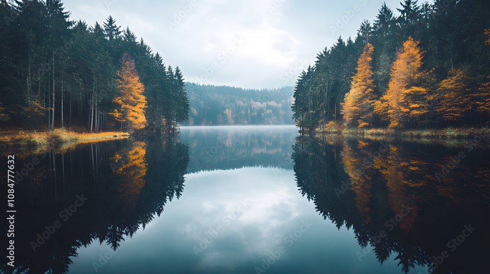 Poster Aerial image of a calm lake surrounded by forest, with a mirror-like reflection of trees creating a symmetrical composition in the water.