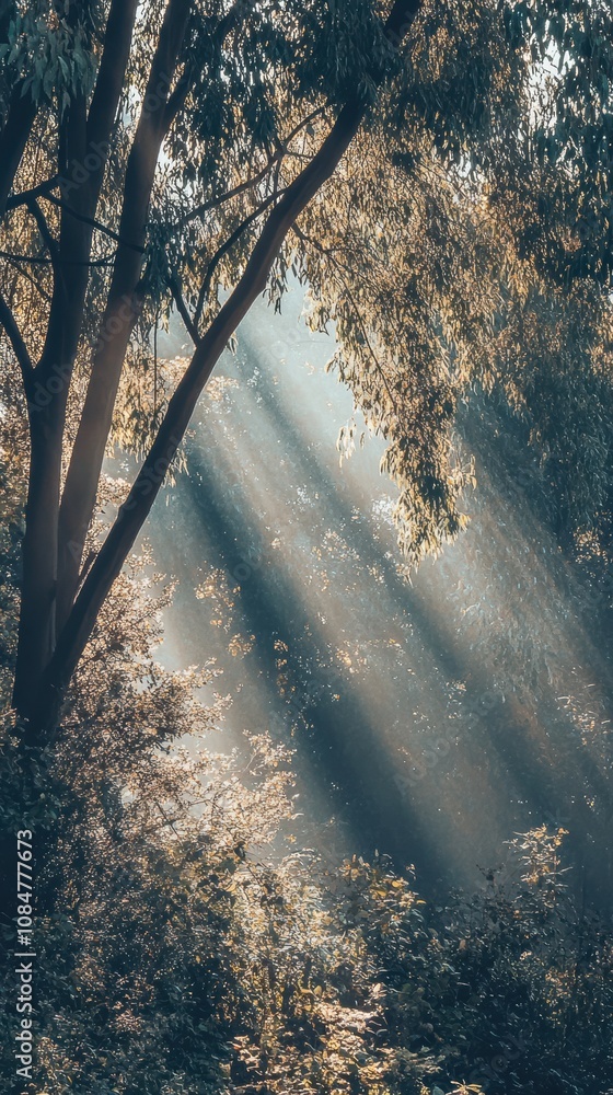 Poster sunlight is filtering through trees in a misty forest