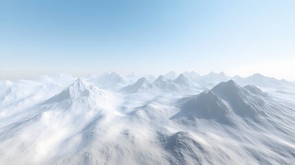 Expansive view of a snowy mountain range, with peaks and valleys creating a symmetrical pattern of light and shadow across the rugged terrain. 