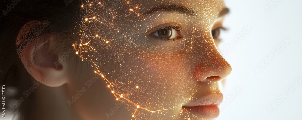 Poster portrait of a face highlighted by a digital network and light points, illustrating advanced facial r