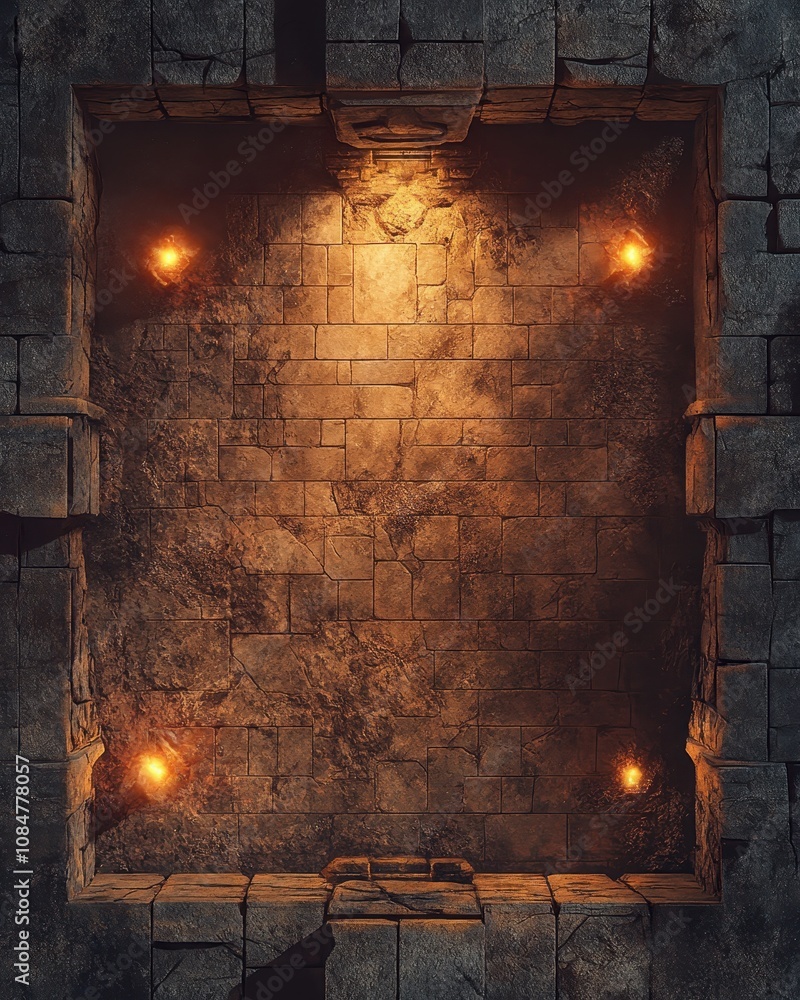 Poster a shadowy dungeon poster design with rugged stone walls and flickering lights, perfect for fantasy-t