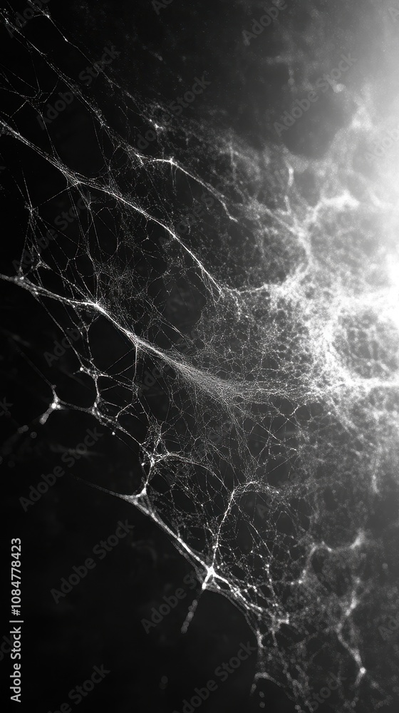 Poster black background with white spider webs, hanging from the left and right sides of the screen the web