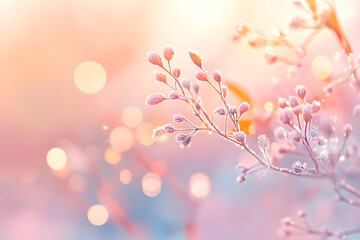 Frost-covered branches with tiny buds illuminated by soft pastel winter lighting. Nature serenity concept