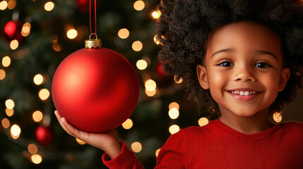 Christmas lights reunion concept. joyful child holding red Christmas ornament, festive background