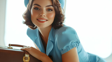 Smiling Woman in Blue Dress and Beret Holding a Suitcase - Realistic Photo