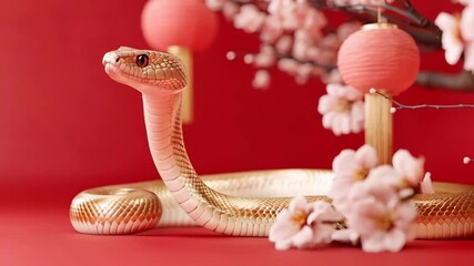 Beautiful golden wavy snake on red background with cherry blossom flowers and asian lanterns. Happy Chinese Lunar New Year 2025. Snake zodiac sign, horoskope. Animal character, exotic pet