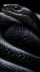 Majestic Black Snake wallpaper with Shiny Scales and Intense Amber Eyes, Displaying Its Graceful and Powerful Beauty.