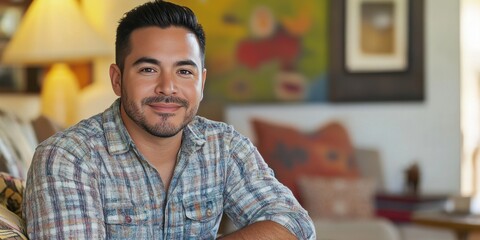 Obraz premium Smiling Young Man in Casual Attire Relaxing at Home