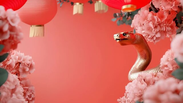 Beautiful golden wavy snake on red background with cherry blossom flowers and asian lanterns. Happy Chinese Lunar New Year 2025. Snake zodiac sign, horoskope. Animal character, exotic pet