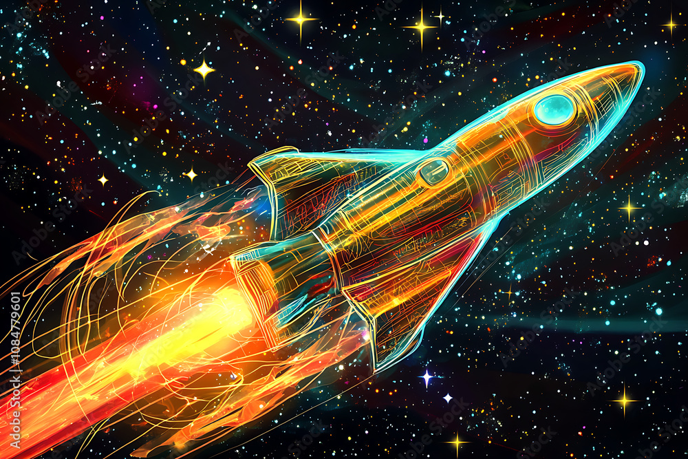 Poster a vibrant rocket soaring through a colorful starry space, symbolizing exploration and adventure.