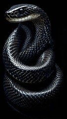 Majestic Black Snake wallpaper with Shiny Scales and Intense Amber Eyes, Displaying Its Graceful and Powerful Beauty.