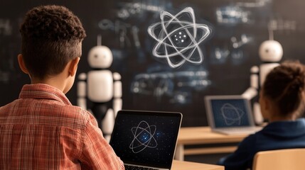 Education literacy collaboration concept. A child engages with a laptop while robots and a glowing atom symbol are displayed on a blackboard, highlighting a tech-driven learning environment.