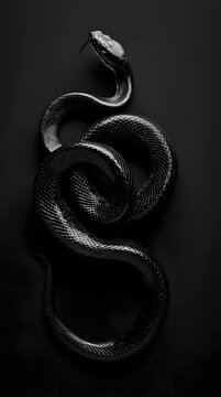 Majestic Black Snake wallpaper with Shiny Scales and Intense Amber Eyes, Displaying Its Graceful and Powerful Beauty.