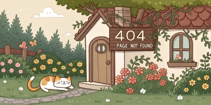 Charming Cottage A pixel art version of a small cottage nestled in a lush garden. A friendly cat lounges by the door while a wooden sign stands nearby saying 404 Page Not Found
