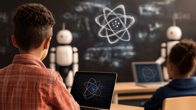 Education literacy collaboration concept. A child engages with a laptop while robots and a glowing atom symbol are displayed on a blackboard, highlighting a tech-driven learning environment.
