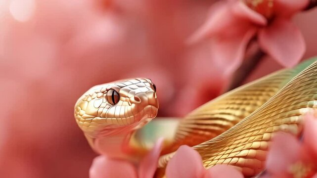 Beautiful golden wavy snake on red background with cherry blossom flowers and asian lanterns. Happy Chinese Lunar New Year 2025. Snake zodiac sign, horoskope. Animal character, exotic pet