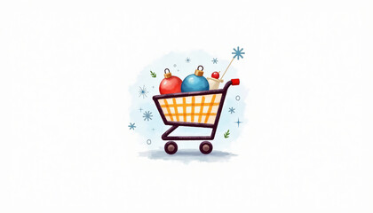 Shopping cart filled with colorful Christmas ornaments for festive shopping concept
