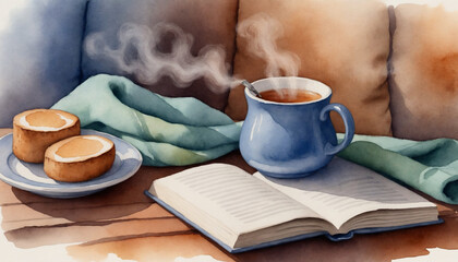 Watercolor painting of cozy tea time scene with book, steaming tea, and baked goods on wooden table with copy space