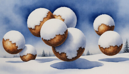 Watercolor painting of floating snow-covered balls in snowy landscape with trees and artistic background with copy space