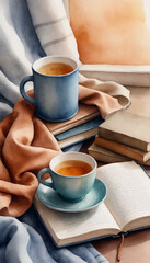 Watercolor painting of cozy reading scene with books, cups of tea, and soft fabrics with copy space