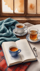 Watercolor painting of inviting tea time scene with books, tea cups, and warm blanket by the window with copy space