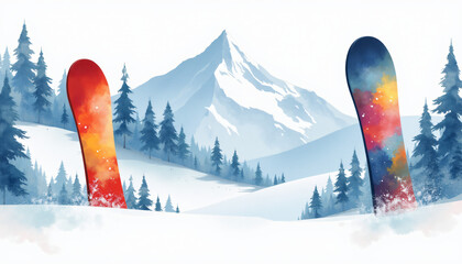 Colorful snowboards standing on a snowy slope with majestic mountains in the background