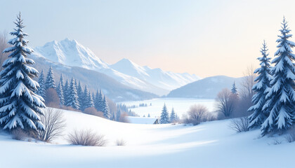 Snowy mountain landscape with evergreen trees and a peaceful valley at dawn