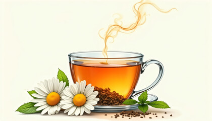 Steaming herbal tea in a glass cup with chamomile flowers and mint leaves on a light background
