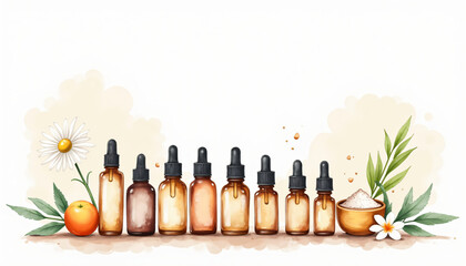Variety of essential oil bottles with pumpkin and citrus fruits on a light background with copy space