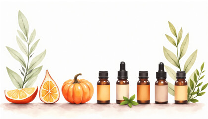 Collection of essential oil bottles with herbs and citrus fruits on a light background with copy space
