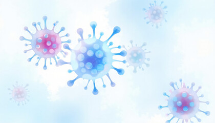Abstract representations of virus particles in soft colors on a blurred light background with copy space