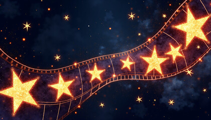 Artistic representation of glowing stars and film reel on a cosmic background 