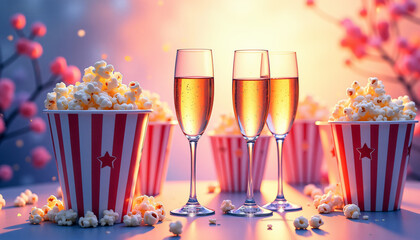 Celebratory setup with popcorn buckets and champagne glasses on a festive background 