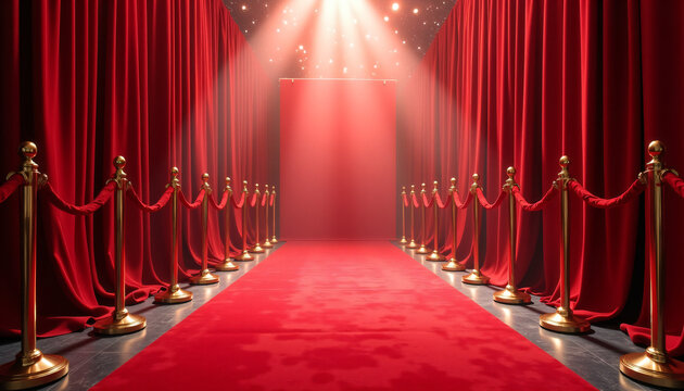 Red carpet event setup with golden stanchions and curtains under spotlight in a glamorous venue