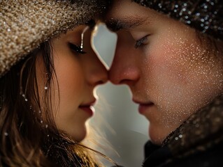 Obraz premium A Romantic Couple in a Quiet Embrace, Radiating Love and Profound Intimacy A Tender Moment Captured in a Close-Up Portrait, Showcasing the Deep Connection and Affection Between Two Lovers The image