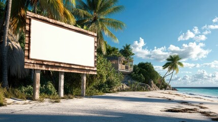 Tropical beach with empty wooden sign, palm trees, and blue ocean.