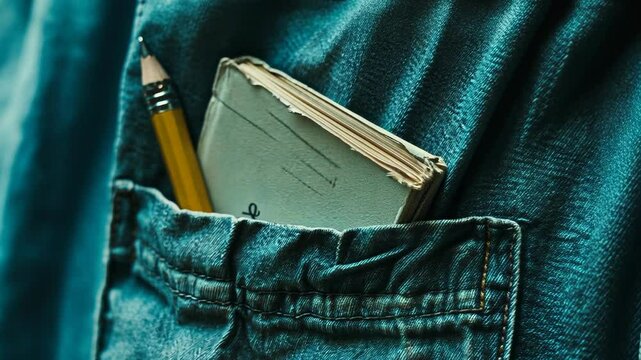 A worn, teal denim pocket holds a small, aged notebook and a yellow pencil