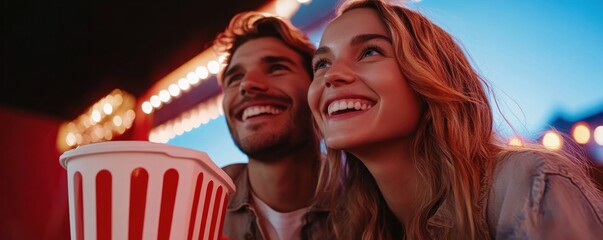 Fototapeta premium Romantic Couple Enjoying a Joyful Outdoor Movie Night Under the Stars Affectionate Expressions, Laughter, and Shared Popcorn Perfect Date Night Ideas for Couples Seeking Intimate and Fun Experiences