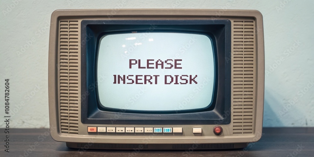 Poster chunky borders a vintage monitor with thick rounded edges displays a bright white dialogue box in th