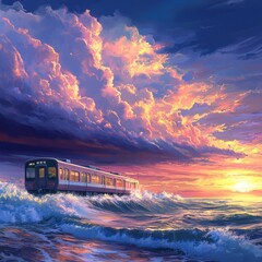 Serene Coastal Railway: Anime Clouds & Oil Painting Seascape with Passing Train