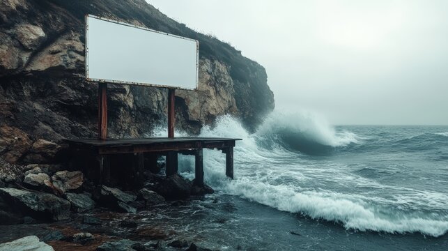 Waves crash against rocky cliffs with an empty billboard on a foggy day.