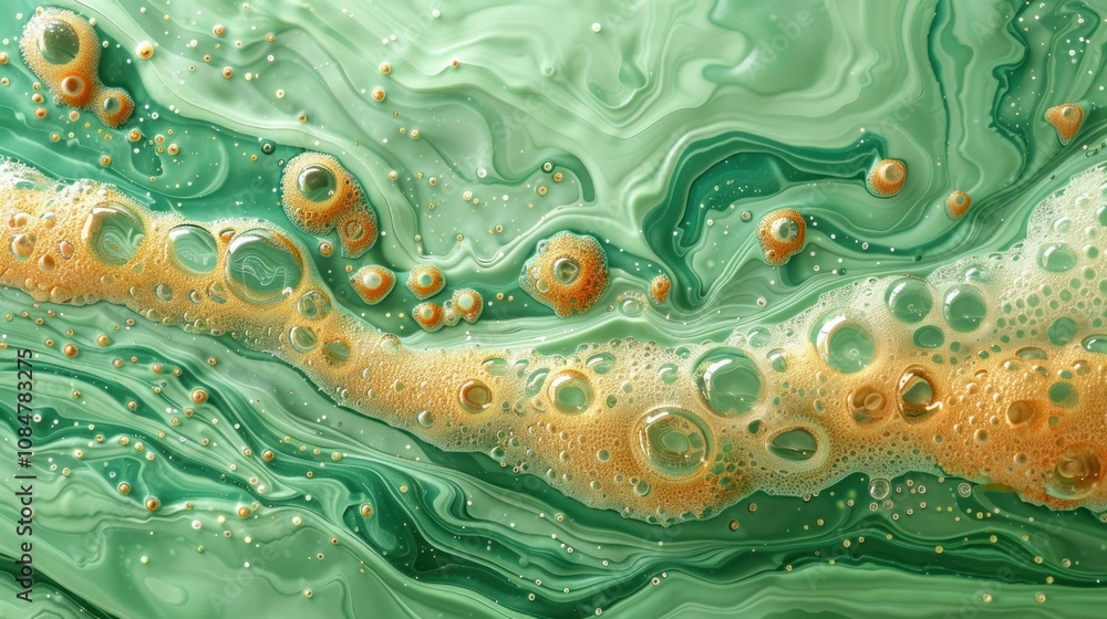 Poster abstract green and gold marbled background with swirling patterns and bubbles.