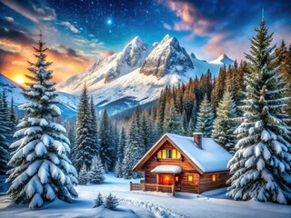 Fototapeta premium Remote Mountain Cabin in Winter Wonderland - Pine Trees, Snow-Capped Peaks, Cozy Getaway, Tranquil Nature Scene, Serene Landscape, Rustic Retreat, Winter Escape, Idyllic Cabin Life