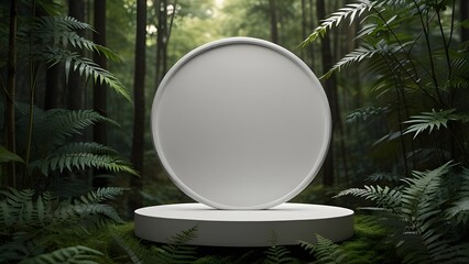 White round template podium mockup for natural organic cosmetic product presentation ad concept on green eco forest fresh leaves nature flat lay background Generative AI