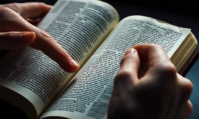 Hands Holding and Turning Pages in a Bible