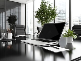 Modern office desktop with laptop and greenery for a fresh, professional workspace.