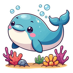 Fototapeta premium 12. Kawaii vibrant-colored sea Whale, chibi-style, isolated on white background, cartoonish, with bubbles and aquatic flower and coral silhouettes around