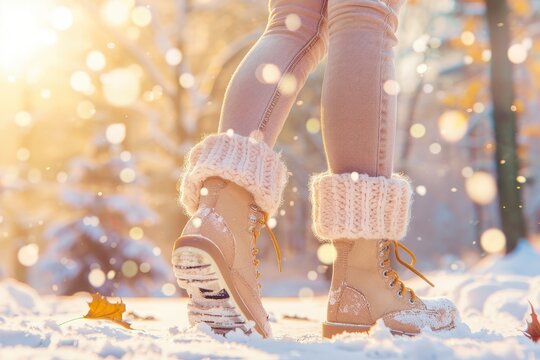 A woman wearing snow boots and fuzzy socks is walking in the snow